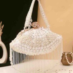 White Crystal Beaded Potli Bag with Tassel Fringe