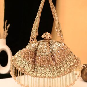 Golden Crystal Beaded HandBag with Tassel Fringe