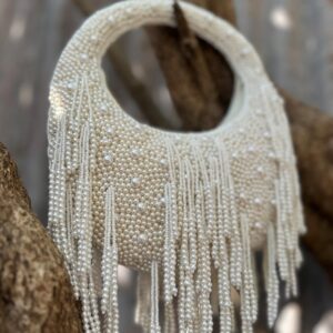 Luxury White Pearl Beaded Fringe Handbag