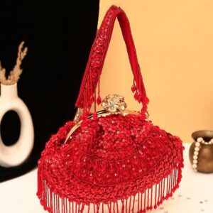 Red Crystal Beaded Potli Bag with Tassel Fringe